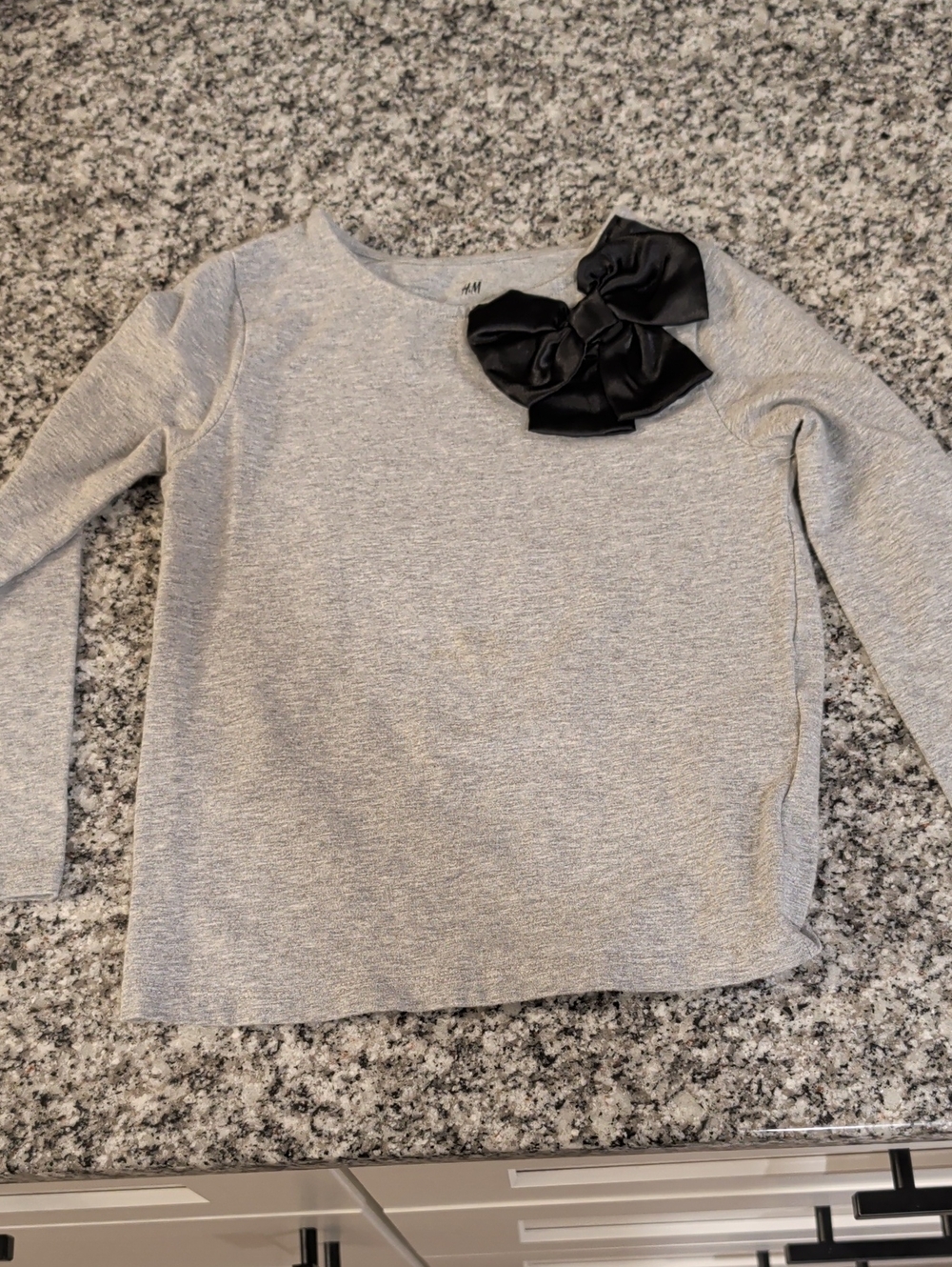 H&M Light Gray Long Sleeve Top with Black Satin Bow